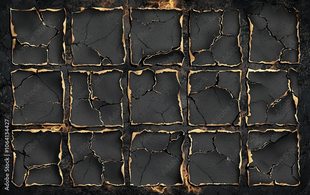 Aufkleber cracked and charred surface with a dark and burnt texture showcased in a grid format revealing intri