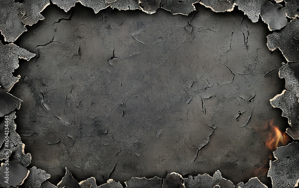 Poster textured gray background with a weathered, cracked edge and hints of fiery glow on one side