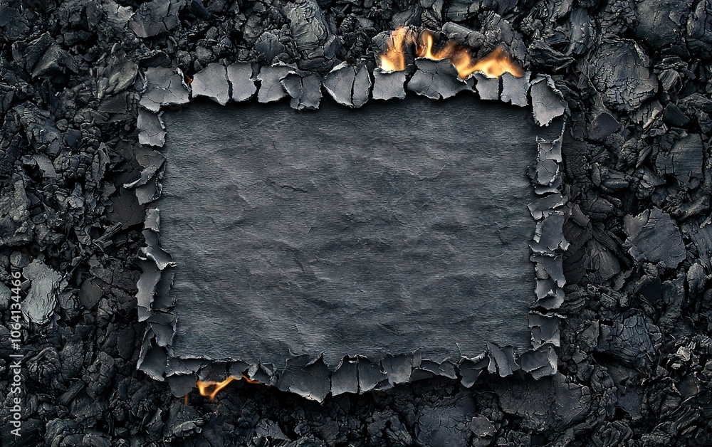 Poster burnt edges of a black paper frame with glowing charred texture background, ideal for creative desig