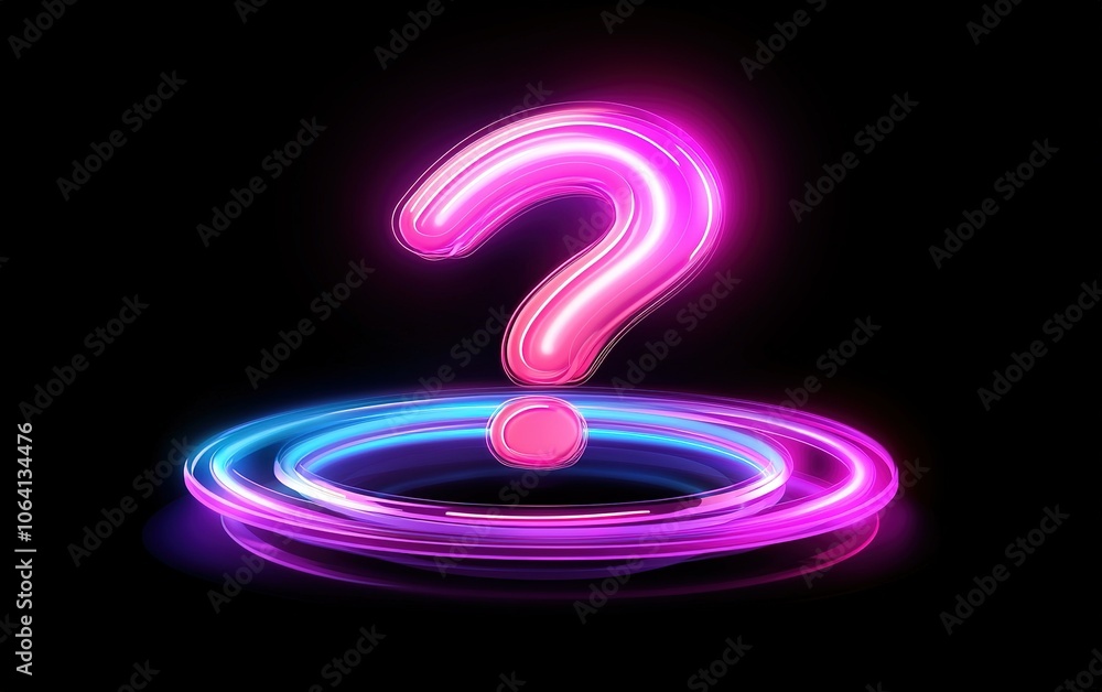 Poster a glowing question mark surrounded by a vibrant circular neon light on a dark background, creating a