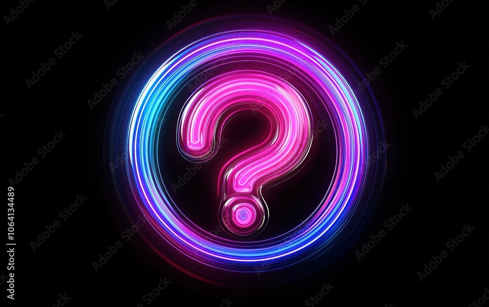 Poster colorful glowing question mark symbol illuminated against a dark background, engaging curiosity and 