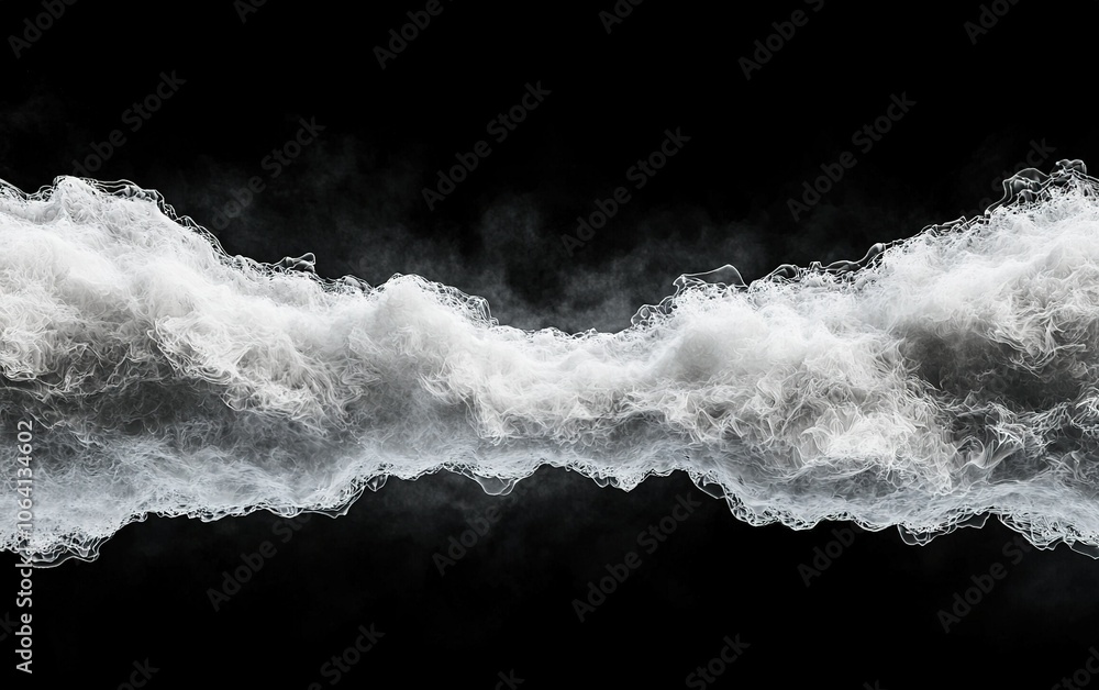 Poster ethereal wisps of white smoke swirling in a symmetrical pattern against a black background, creating
