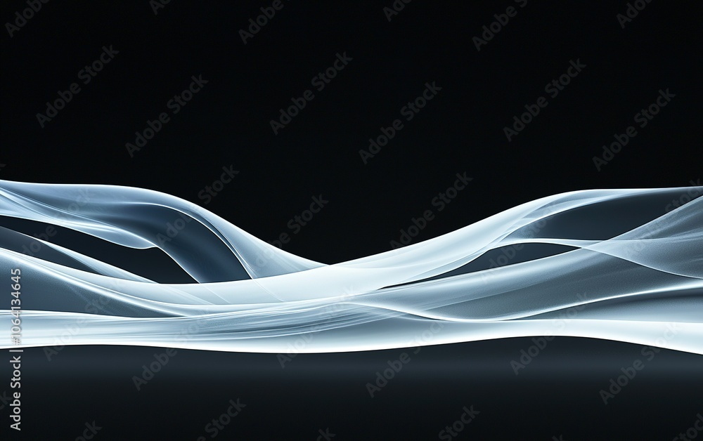 Poster delicate flowing lines of translucent white smoke gracefully undulate against a black background in 