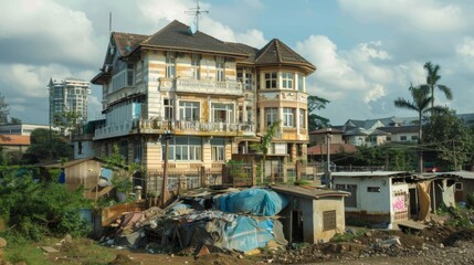 Fototapeta premium Wealth Gap Illustrated by Mansion and Slum Contrast