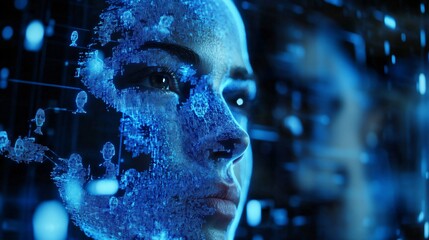 Futuristic Digital Representation Of A Human Face, Composed Of Glowing Blue Data Points And Binary Code, Set Against A Dark Background, Merging With Technology