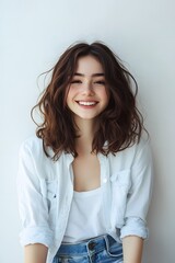 Fototapeta premium Portrait of natural beautiful smiling young woman white background