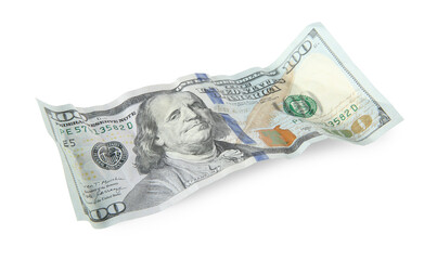 One crumpled dollar banknote isolated on white