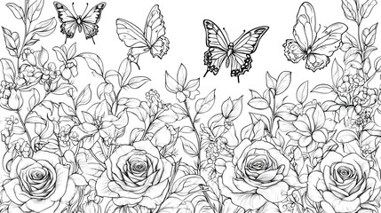 A black and white coloring page of a detailed floral tapestry filled with butterflies and roses, bold outline, isolated on white background