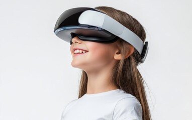 Smiling young pretty girl wearing a VR headset on a clean white background