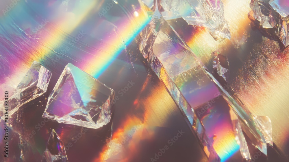Poster abstract iridescent crystal shards with rainbow light reflection.