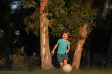 Fototapeta premium Soccer kid. Kids play football on outdoor stadium field. Little boy kicking ball. School football sports club. Training for sport children. Child playing football on the playground in park.