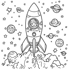 A black and white coloring page of a rocket with stars, planets, and a happy astronaut peeking out, bold outline, isolated on white background. 