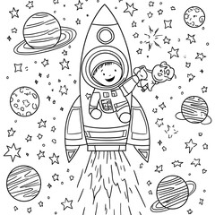 A black and white coloring page of a rocket with stars, planets, and a happy astronaut peeking out, bold outline, isolated on white background. 