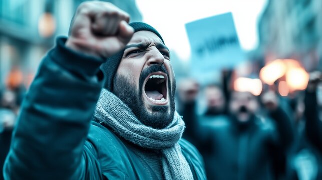 Muslim man passionately protesting for justice in a crowded urban street. A man raises his fist and shouts fervently during a protest meeting advocating for justice.