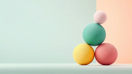 Fototapeta premium Three balls on top of each other, against a pink-green wall with a pastel backdrop