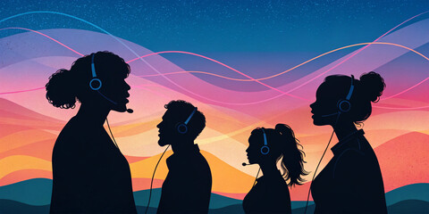 minimalist Abstract banner minimal background of customer silhouettes service concept, woman wearing headset illustration, Generative Ai
