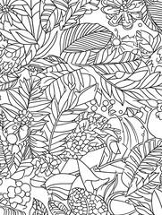 A black and white coloring page of an intricate mandala featuring leaves, flowers, and feathers, detailed patterns, bold outline, isolated on white background