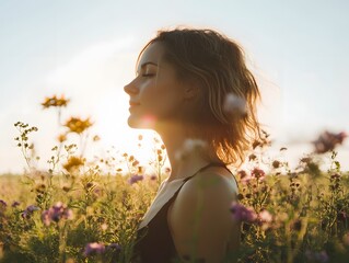 Portrait of woman backlit in field with wildflowers
