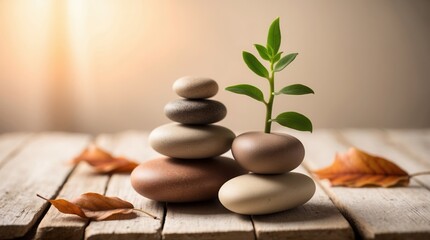 Balances of smooth stones with green plant sprouting on wooden surface