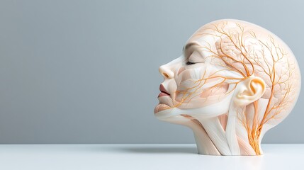 Detailed 3D model of the human head showcasing intricate muscles, nerves, and skeletal structure for comprehensive anatomy studies.