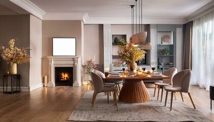 Elegant home living room interior with eating table and fireplace, mockup frame