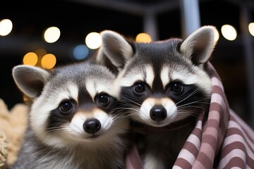 Two Cute Raccoon Siblings, Wrapped in Cozy Blanket Posedown for Camera with Blurry Lights Background