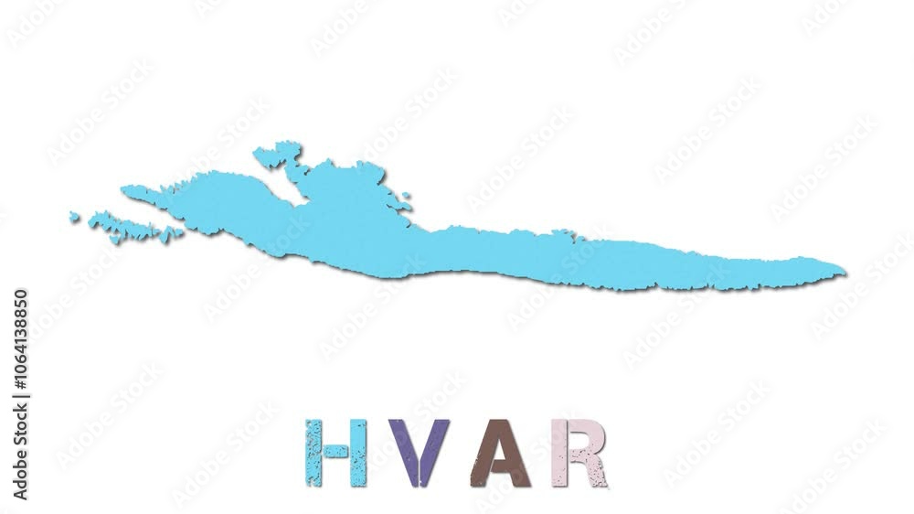 Poster hvar map with paper regions. animated island map growing from regions and title letters falling down
