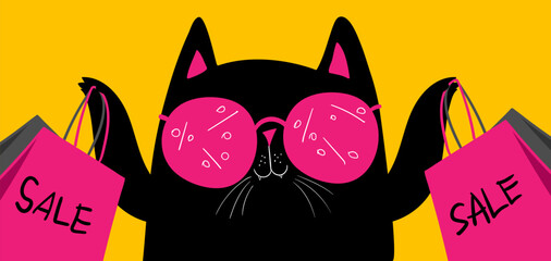 Cartoon characters black cat shopping. Kawaii black cat in pink glasses with shopping bags. Discounts, sale, black Friday. Online banner, flyer, card, coupon and other
