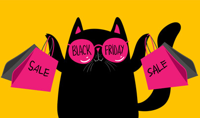 Cartoon characters black cat shopping. Kawaii black cat in pink glasses with shopping bags. Discounts, sale, black Friday. Online banner, flyer, card, coupon and other