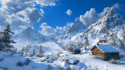 A breathtaking winter landscape with snow-capped mountains, cozy wooden cabins, and a bright blue sky. 