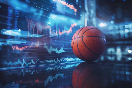 Basketball ball on the background of a display with analytics and statistics graphs