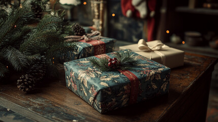 Beautifully wrapped gifts sit on a wooden table with pine branches and cones. Concept of holiday celebration and anticipation.