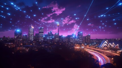 A city skyline at night with glowing neon lights and flying cars, connected by thin blue lines that form an intricate network of digital connections across the landscape