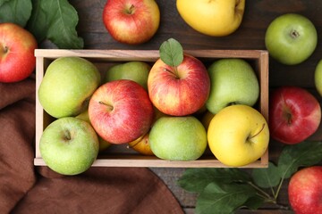 Fresh ripe apples in crate and green leaves on wooden table, top view