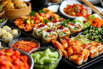 A vibrant display of assorted Asian cuisine featuring sushi, dim sum, and various appetizers at a bustling restaurant setting