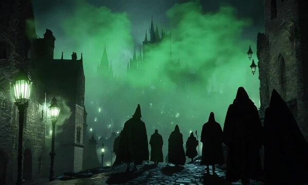 Silhouetted People in Wizard or Thief Type Cloaks in a Dark Nighttime Fantasy City Approaching a Towering Black Castle in the Distance. Thieves / Wizards Cityscape
