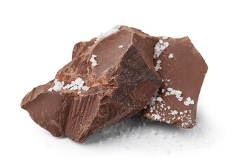 Pieces of chocolate with salt isolated on white