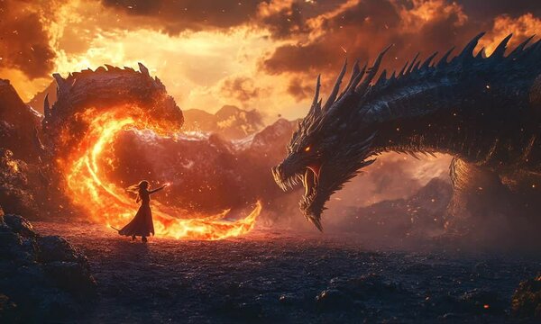 fantasy scene showing the girl fighting the fire dragon