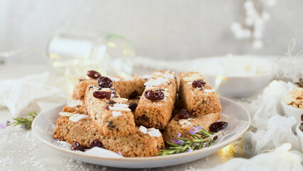Cereal bars with almonds, coconut and cranberries