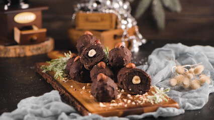 Dark chocolate truffles with hazelnuts