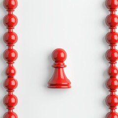 A red pawn chess piece surrounded by red beads on a white isolated background.