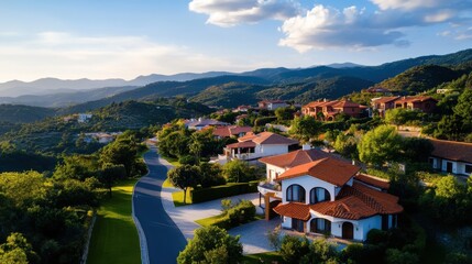 Obraz premium Aerial View of Vibrant Houses in Mountain Landscape