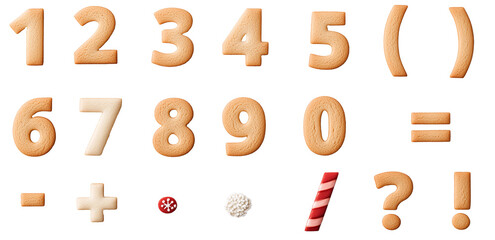 Decorative gingerbread numbers and symbols displayed on a white surface ready for festive baking during the holiday season