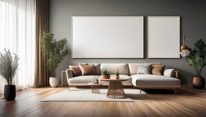 Mock up empty posters on the wall. Modern living room interior. Wooden floor and stylish furniture. Concept of contemporary design.