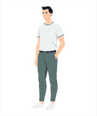 Vector illustration on a white background. Young man in a white T-shirt and light blue trousers, stands straight, hands in pockets.