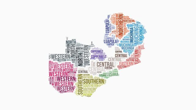 Zambia regions word cloud animation. Country logo animated video. Zambia colored text cloud. Regions typography style motion graphics. Trending video.