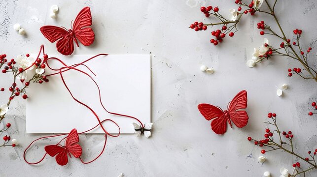 White card with red butterflies and small berries on a light marble background, elegant and festive composition, perfect for holiday or seasonal greeting cards.