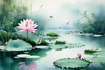 Tranquil lotus pond with pink flowers blooming among lush green lily pads. Reflections create harmonious, calming scene, ideal for peace, serenity themes, home decor, office space, digital background