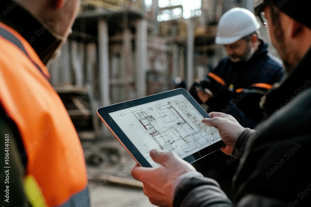 Poster everyone needs to be on the same page. shot of a group of architects using a digital tablet at a bui