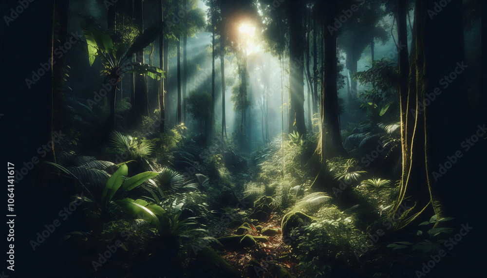 Wall mural Dark rainforest, sun rays through the trees, rich jungle greenery. Atmospheric fantasy forest